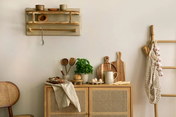 Interior Design Kitchen Space Rattan Commode Ladder Herbs Vegetables Food — Stock Fotó
