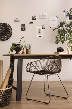 The stylish composition of cozy office interior with metal chair, wooden table, plants, pictures and personal accessories. Home decor. Template. 