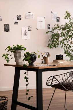 The stylish composition of cozy office interior with metal chair, wooden table, plants, pictures and personal accessories. Home decor. Template. 