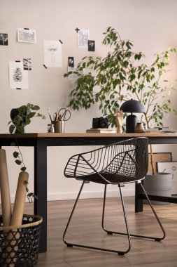 The stylish composition of cozy office interior with metal chair, wooden table, plants poster and personal accessories. Home decor. Template. 