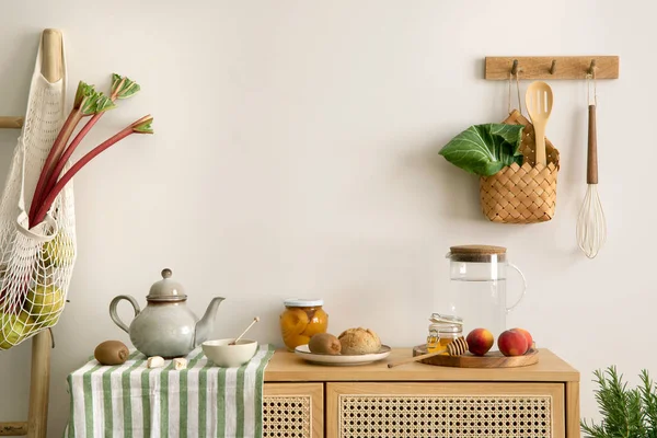 Interior Design Kitchen Space Rattan Commode Ladder Rhubarb Vegetables Food — Stok Foto