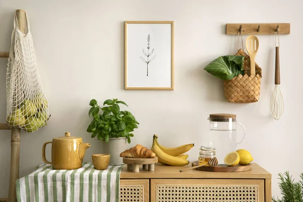 Interior design of kitchen space with rattan commode,  chair, herbs, vegetables, food and kitchen accessories in modern home decor. Mock up poster. Template. 