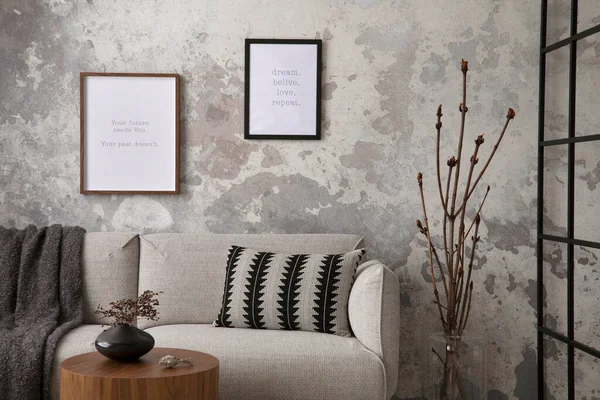 Stylish Compostion Living Room Interior Design Gray Sofa Coffee Table — ストック写真