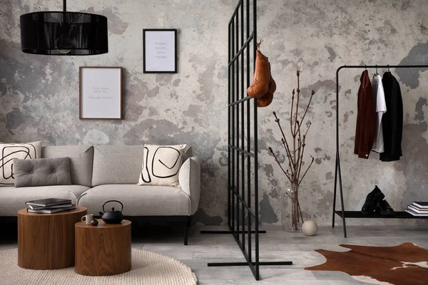 Stylish Compostion Living Room Interior Design Gray Sofa Bench Coffee — Stock fotografie