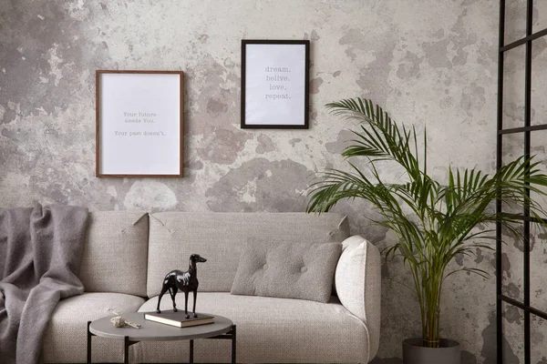 Stylish Compostion Living Room Interior Design Gray Sofa Coffee Table — Stok fotoğraf