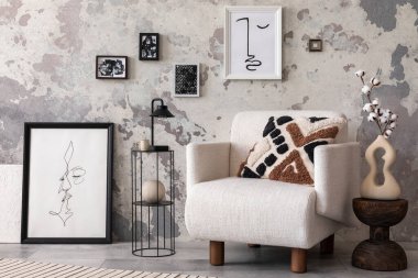 The stylish composition of living room interior with mock up, white armchair, wooden coffee table and personal accessories. Mock up poster. Home decor. Template. 