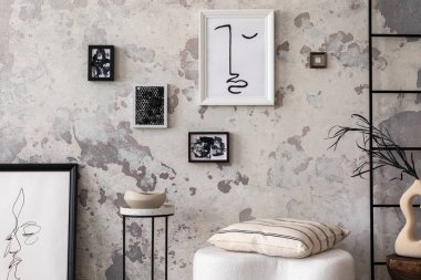 The stylish composition of living room interior with mock up, white pouf with pillow and personal accessories. Mock up poster. Home decor. Template. 