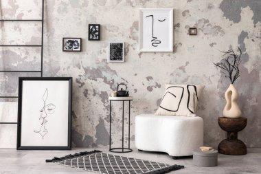 The stylish composition of living room interior with mock up, white pouf with pillow and personal accessories. Mock up poster. Home decor. Template. 