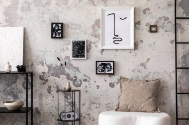 The stylish composition of living room interior with mock up, white pouf with pillow and personal accessories. Mock up poster. Home decor. Template. 