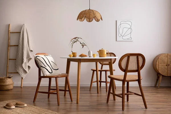 Stylish Dining Room Table Rattan Chair Wooden Commode Poster Kitchen — 스톡 사진