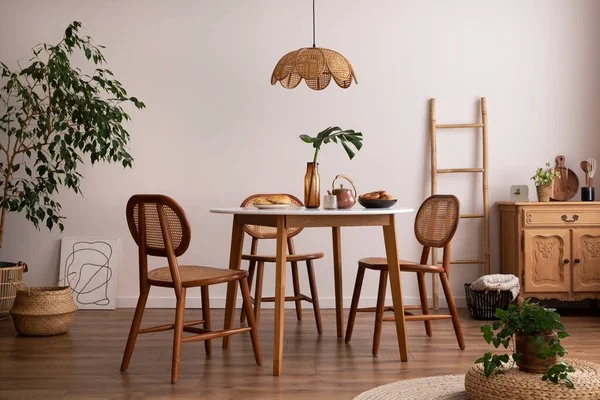 Stylish Dining Room Table Rattan Chair Wooden Commode Poster Kitchen — 스톡 사진