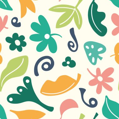 Soyut tropikal yaprak ve çiçek arkaplan deseni. Vektörsüz doğa. İllüstrasyon, modern ve modaya uygun tasarım unsuru.. 