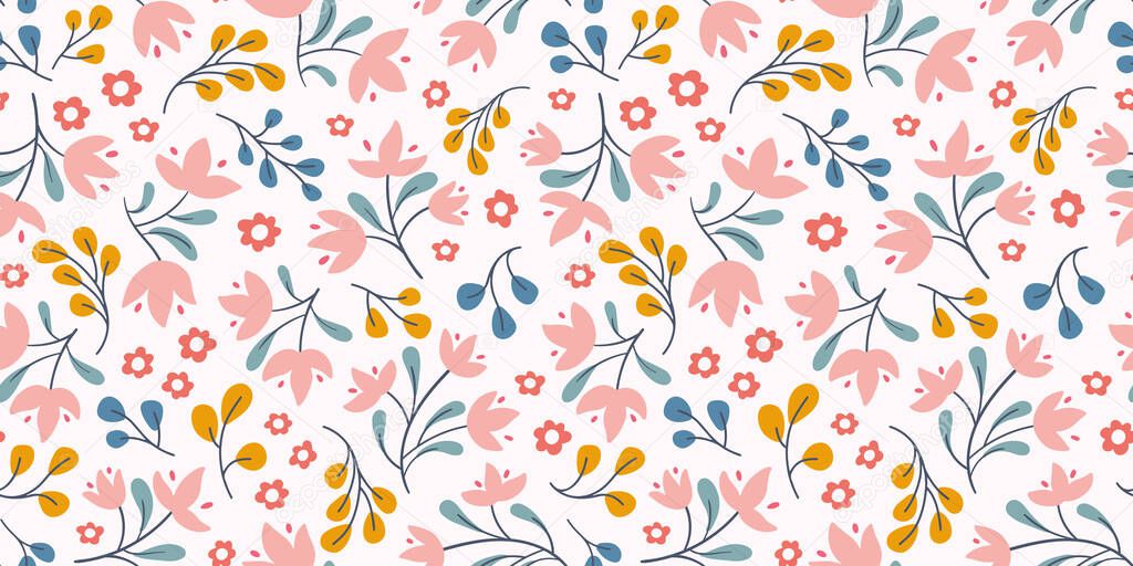 Flower pattern background border. Spring floral vector seamless repeat banner design. 