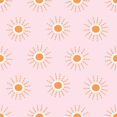Güneş ışığı arka plan vektör deseni. Elle çizilmiş boho güneş elementlerinin vektörsüz desenli tasarım kaynağı.