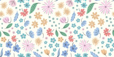 Çiçek desenli arka plan vektör sınırı. Moda olmayan, el yapımı pastel renkli çiçek ve yaprakların tasarım sancağı. 
