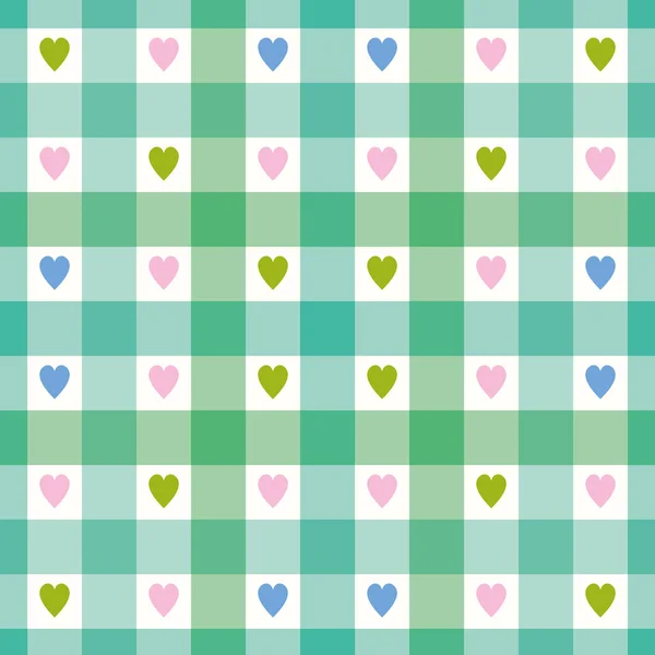 Check Pattern Background Hearts Vector Seamless Repeat Gingham Plaid Green — 스톡 벡터