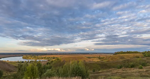 Colorful Landscape Evening Gorgeous Blue Sky Golden Clouds Field Hills — Stock Photo, Image