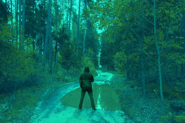 Концептуальная Фотография Сине Зеленого Пейзажа Фигурой Человека Стоящего Спиной — стоковое фото