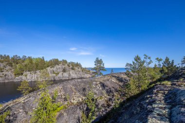 Gölde güneşli bir gün. Suyun içindeki gökyüzünün yansıması. Taş üstünde çam. Kuzeyin doğası..