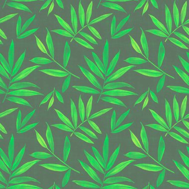 Yapraklardan soyut botanik desen. Kumaş, duvar kâğıdı, ambalaj kağıdı tasarımı, hatıra defteri için kusursuz desen. Kağıda boyanmış suluboya yapraklar ve Photoshop ile işlenmiş.