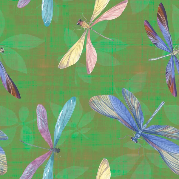 Abstrato Padrão Botânico Folhas Libélulas Padrão Sem Costura Para Tecido — Fotografia de Stock