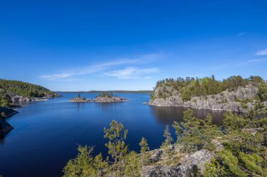 Gölde güneşli bir gün. Suyun içindeki gökyüzünün yansıması. Taş üstünde çam. Kuzeyin doğası..