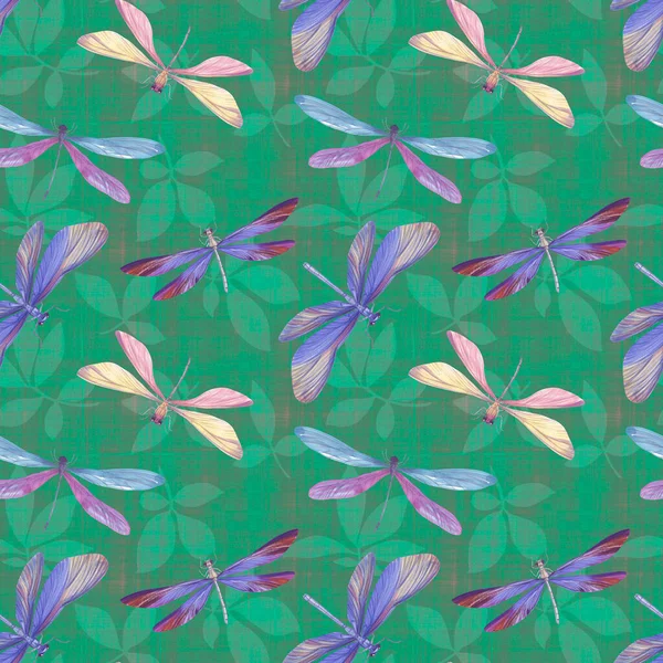摘要叶与蜻蜓的植物学模式 包装纸设计 剪贴簿用无缝图案 水彩斑斑的蜻蜓 背景是抽象的叶子 — 图库照片