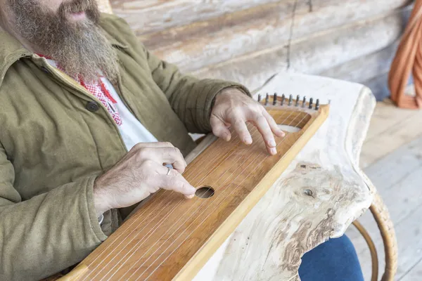 A man in ethnic clothes plays an ancient musical instrument. A bearded man, a forester has built a house and is playing a psaltery.