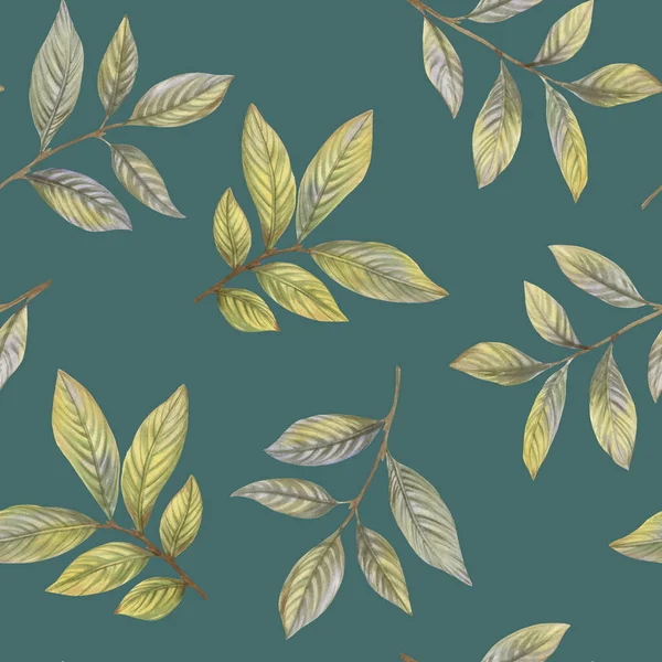 Watercolor Botanical Pattern Green Leaves Green Background Seamless Pattern Fabric — Stock Photo, Image