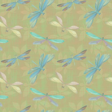 Yaprakların ve yusufçukların soyut botanik desenleri. Kumaş, duvar kâğıdı, ambalaj kağıdı tasarımı, hatıra defteri için kusursuz desen. Soyut yaprakların arka planında suluboya yusufçuklar.