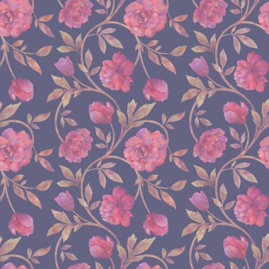 Çiçek ve yapraklardan soyut bir arkaplan. Karışık medya, kusursuz botanik desen. Dijital işlemde suluboya. Tasarım, duvar kağıdı, ambalaj kağıdı, baskı, kumaş.