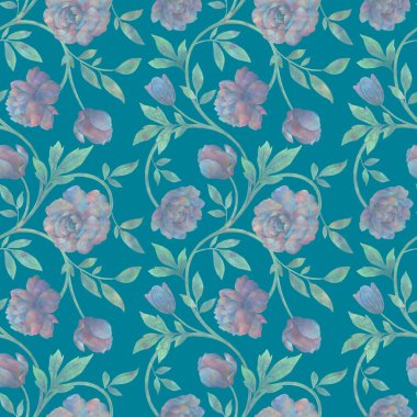 Çiçek ve yapraklardan soyut bir arkaplan. Karışık medya, kusursuz botanik desen. Dijital işlemde suluboya. Tasarım, duvar kağıdı, ambalaj kağıdı, baskı, kumaş.