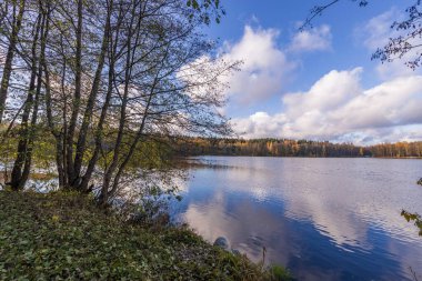 Parkta güneşli bir sonbahar. Renkli sarı, turuncu ve kırmızı ağaçlarla dolu sonbahar manzarası ve gölde yansıması.