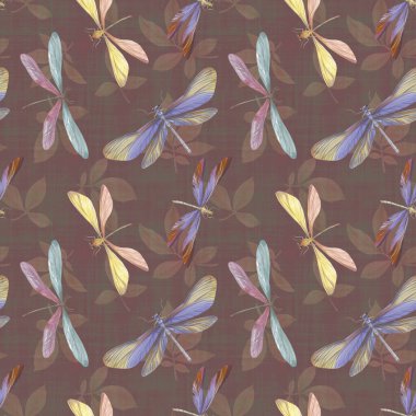 Yaprakların ve yusufçukların soyut botanik desenleri. Kumaş, duvar kâğıdı, ambalaj kağıdı tasarımı, hatıra defteri için kusursuz desen. Soyut yaprakların arka planında suluboya yusufçuklar.