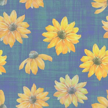 Rudbeckia çiçek deseni. Duvar kağıdı, tekstil, ambalaj kağıdı ve tasarım için botanik kusursuz desen. Parlak, modaya uygun soyut çiçek süsü.