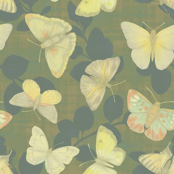 Modello Botanico Senza Cuciture Con Farfalle Foglie Uno Sfondo Astratto — Foto Stock