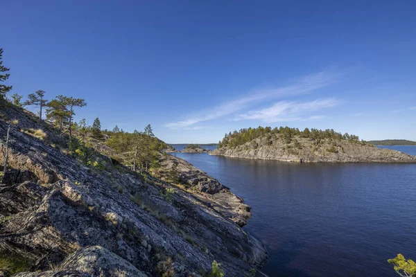 stock image Landscape with a forest on stones over the lake. Sunny day at the lake. Reflection of the sky in the water. Pines on stones. The nature of the north. 