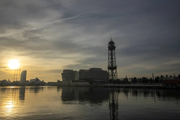 World Trade Center Cableway Barceloneta Beach Barcelona Spain Sunrise Barcelona —  Fotos de Stock