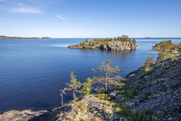 Landskap Med Skog Stenar Över Sjön Solig Dag Vid Sjön Stockbild