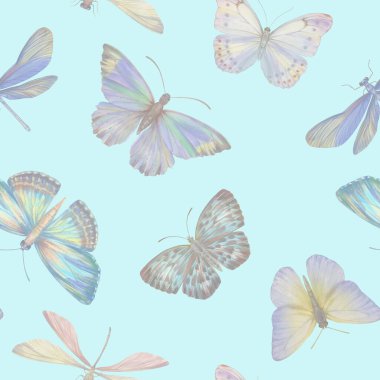 Suluboya kelebekleri kusursuz desen. Karışık medyada suluboya ile boyanmış soyut kelebekler. Tasarım, baskı, duvar kağıdı, tekstil, ambalaj kağıdı için botanik arkaplan.