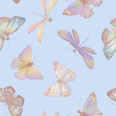 Suluboya kelebekleri kusursuz desen. Karışık medyada suluboya ile boyanmış soyut kelebekler. Tasarım, baskı, duvar kağıdı, tekstil, ambalaj kağıdı için botanik arkaplan.