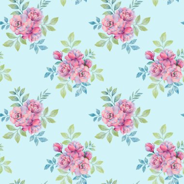 Kusursuz botanik süsü. Dikensiz desenli suluboya şakayık çiçekleri toplanmış. Zarif bir arka planda yaprakları olan zarif şakayık çiçekleri..