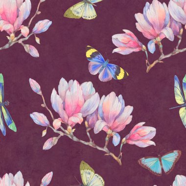 Kelebeklerin ve manolya çiçeklerinin kusursuz deseni. Tasarım için suluboya çizimi, narin çiçekler ve parlak kelebeklerle hazırlanmış kusursuz arkaplan.