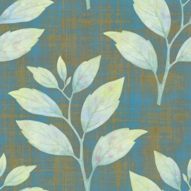 Yapraklı soyut dal izleri tekrar eden kusursuz desenleri harmanlıyor. Suluboya desenli dijital el çizimi. Karışık medya sanatı. Tekstil dekorasyonu ve tasarım ve hatıra defteri için sonsuz motif