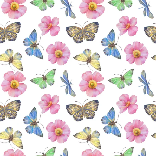 有蝴蝶和花朵的无缝图案 水彩画和数字插图 无缝植物学背景 纺织品 包装纸 印刷模板设计 — 图库照片