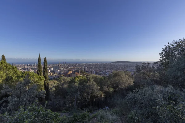 十一月 阳光灿烂的一天 从山上俯瞰巴塞罗那市 城市景观 蓝色的天空笼罩着城市 绿色的植被在前景中 — 图库照片