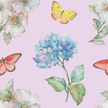 Narin suluboya çiçekler ve kelebekler tasarım için pürüzsüz bir desen oluşturdular. Dijital olarak işlenmiş kusursuz botanik desen.