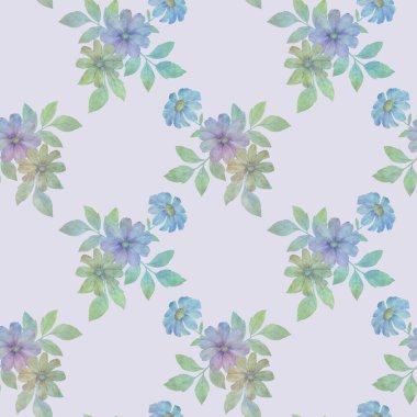 Suluboya çiçek izleri ve tekrarlanan kusursuz desenler. Suluboya desenli el çizimi çiçekler. Tekstil dekoru, duvar kağıdı, ambalaj ve tasarım için sonsuz motif