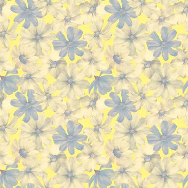 Dijital olarak işlenmiş suluboya çiçeklerin kusursuz botanik süsü. Soyut çiçek deseni. Tasarım, baskı, duvar kağıdı, ambalaj kağıdı için sanat arkaplanı.