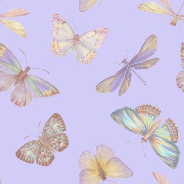 Suluboya kelebekleri kusursuz desen. Karışık medyada suluboya ile boyanmış soyut kelebekler. Tasarım, baskı, duvar kağıdı, tekstil, ambalaj kağıdı için botanik arkaplan.